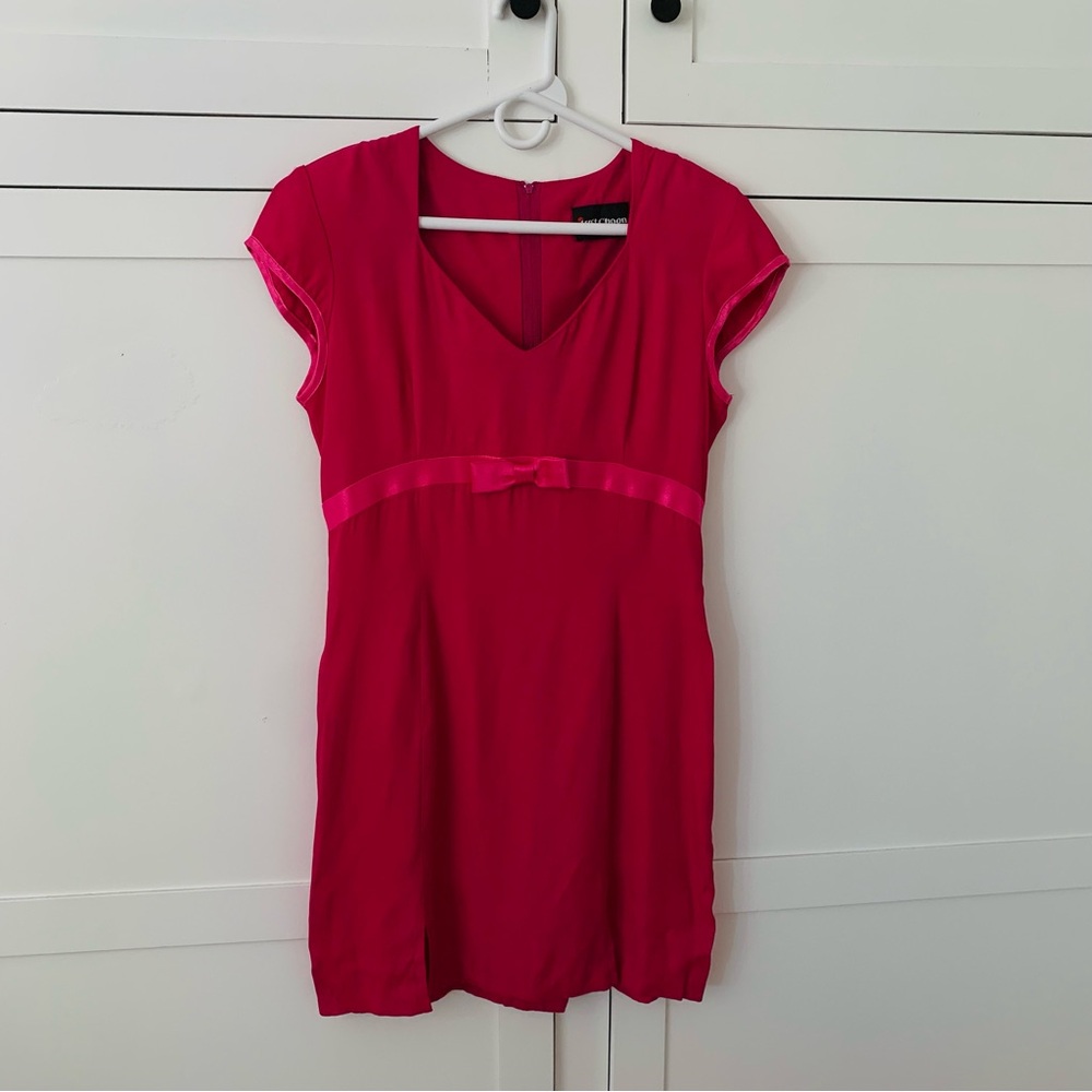 Just Choon Fuchia Pink Shoulder Pads Bow Mini Tie Back Dress